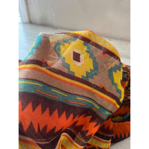 Orange green brown yellow geometric shape large rectangular sheet scarf - Picture 4 of 4